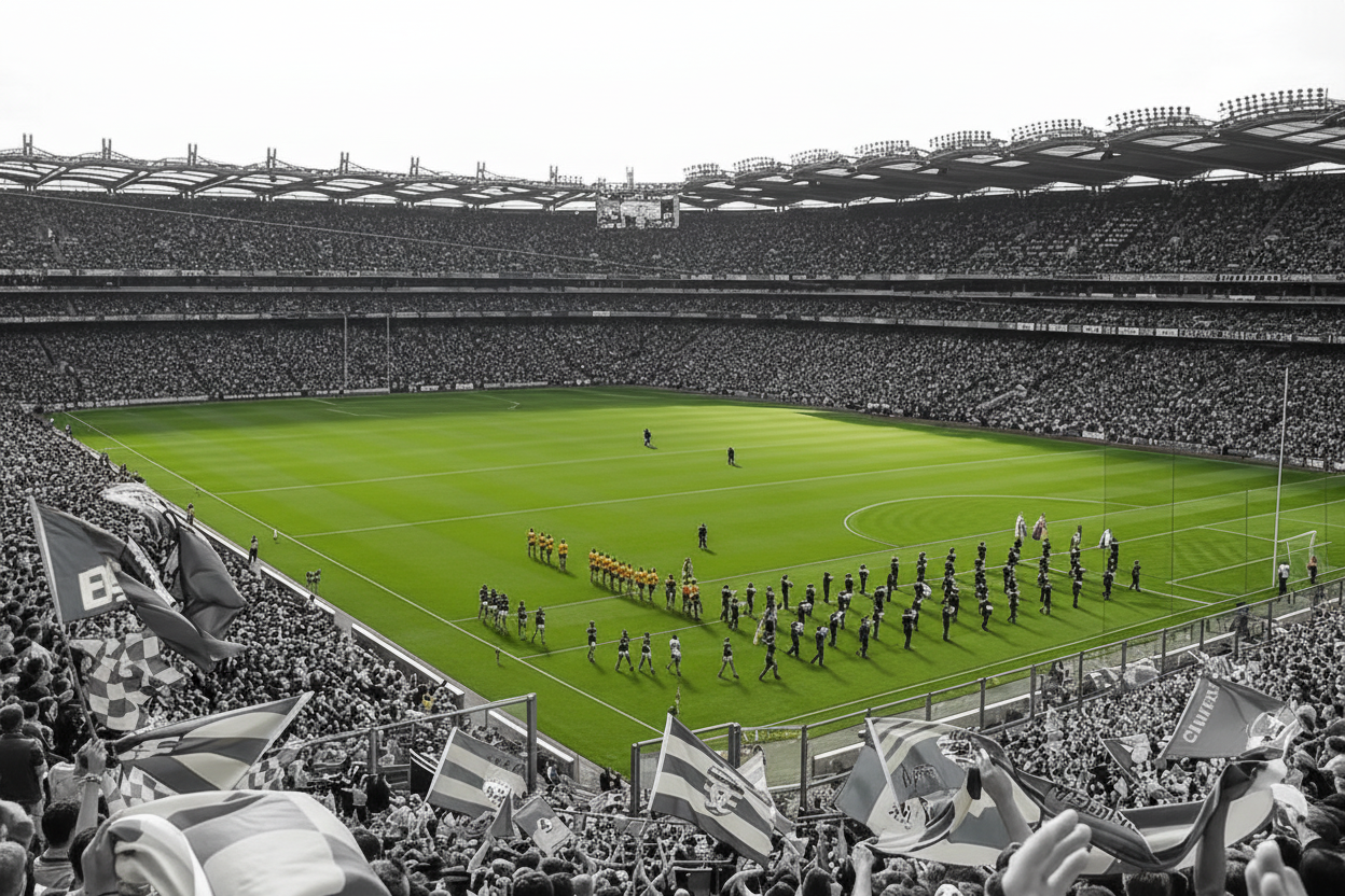 Stadium black and white with green pitch